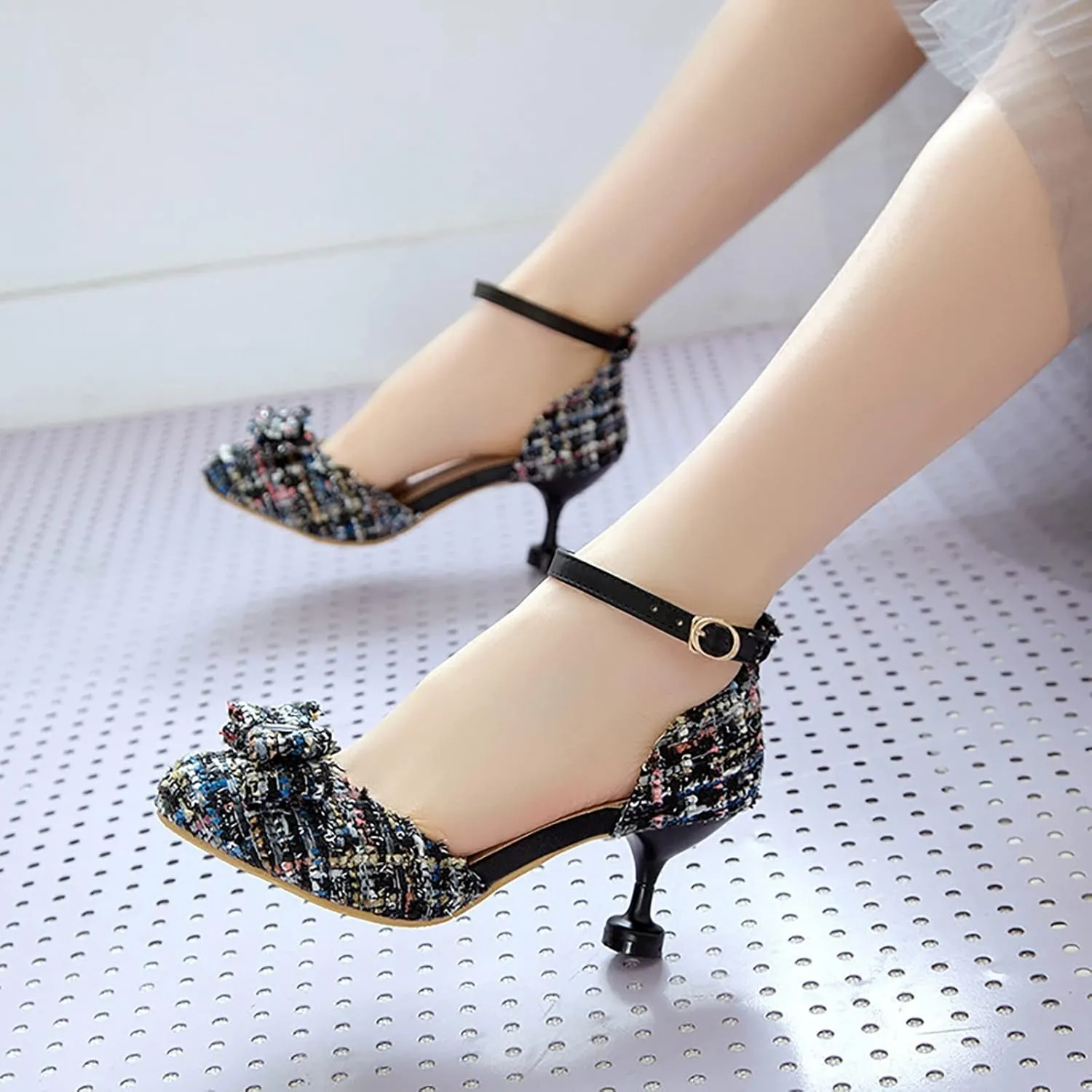 Girl's Cosplay Mary Jane Shoes Kids Cute Chunky High Heel Vintage Pumps with Bow Pointed Toe Sandals Dress Shoes