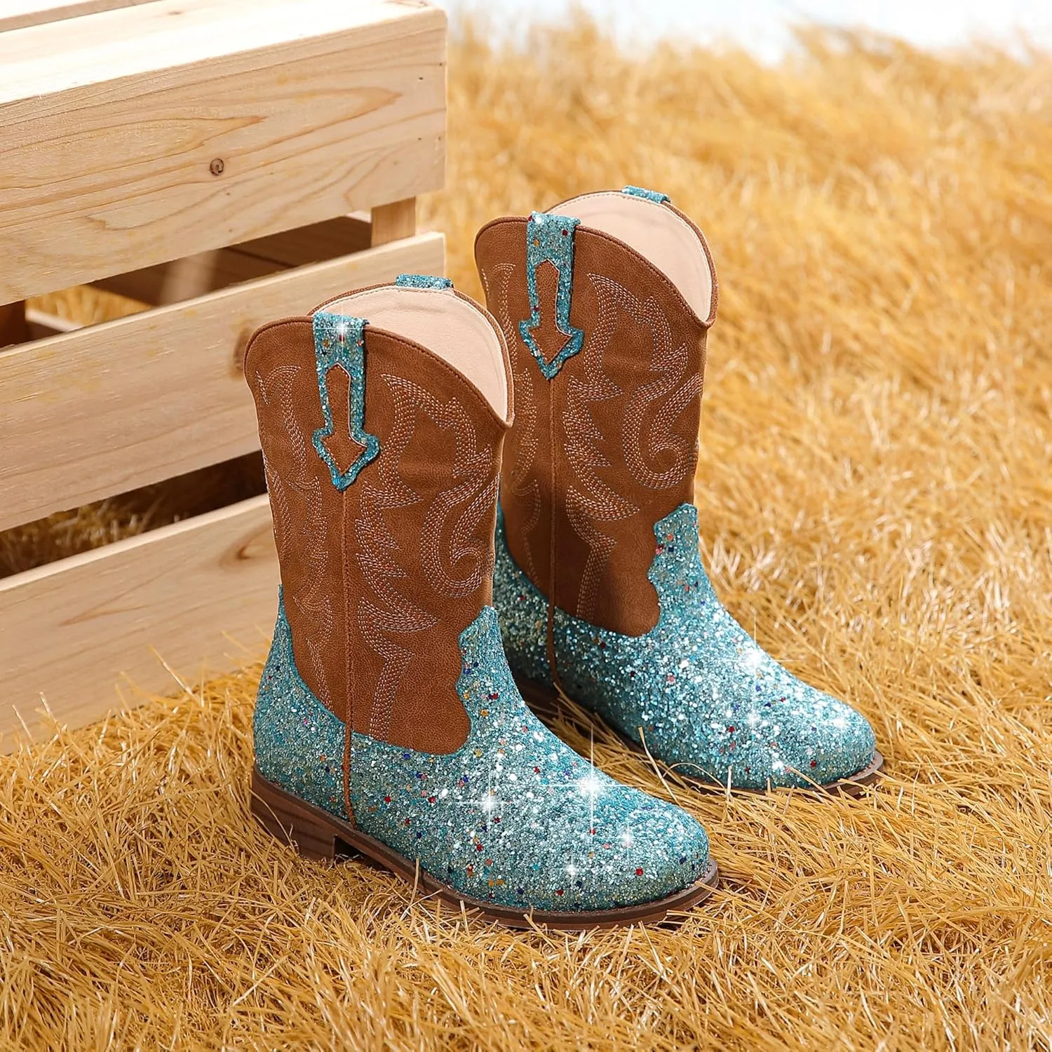 Girls Cowgirl Boots Unisex-Child Mid Calf Glitter Toddler Cowboy Boot Little Big Kids Western Riding Shoes