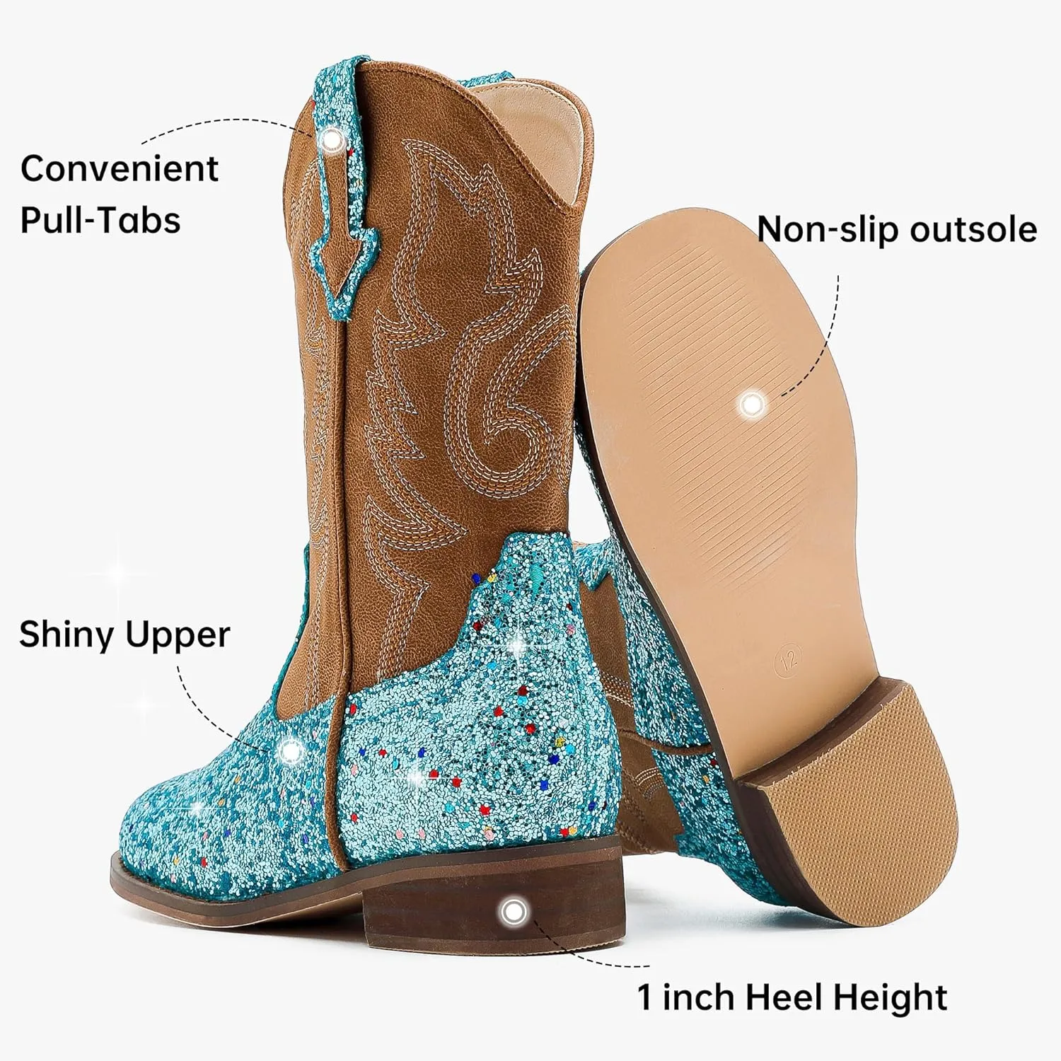 Girls Cowgirl Boots Unisex-Child Mid Calf Glitter Toddler Cowboy Boot Little Big Kids Western Riding Shoes