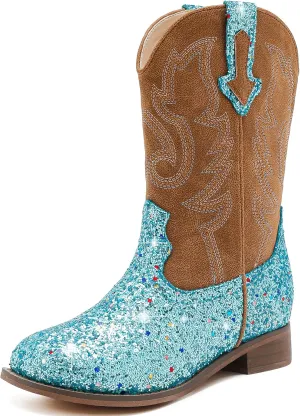 Girls Cowgirl Boots Unisex-Child Mid Calf Glitter Toddler Cowboy Boot Little Big Kids Western Riding Shoes