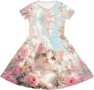 Girls Dresses Size 2-14 Kids Summer Short Sleeve Beach Dresses Casual Midi Dress Crewneck A Line