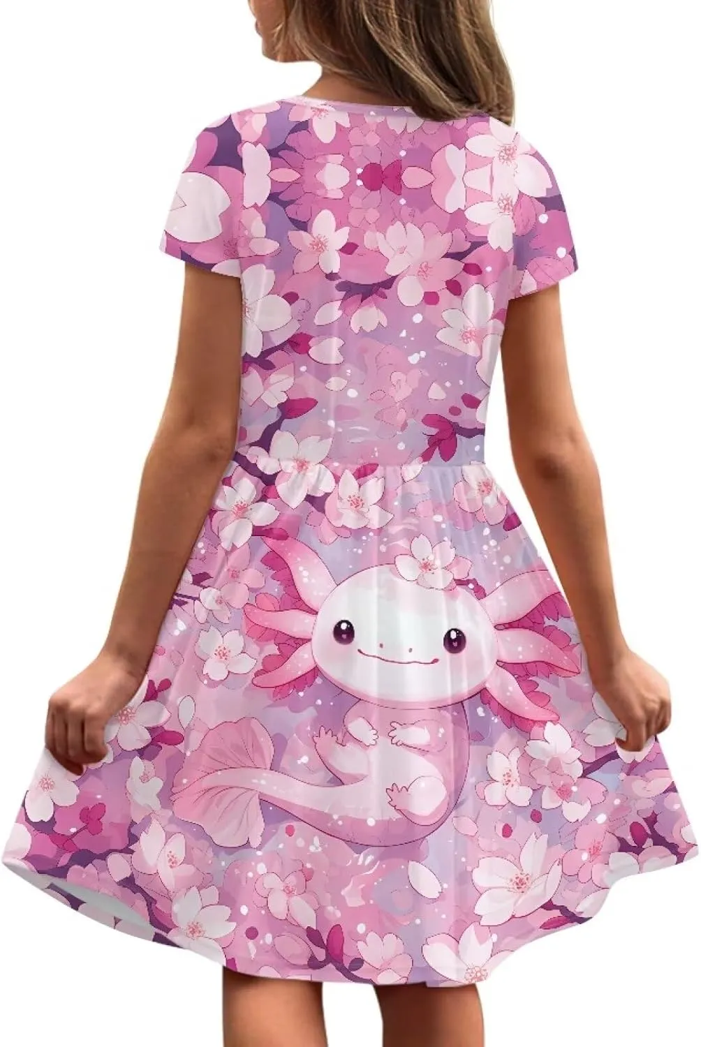 Girls Dresses Size 2-14 Kids Summer Short Sleeve Beach Dresses Casual Midi Dress Crewneck A Line