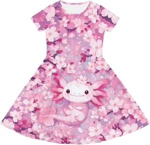 Girls Dresses Size 2-14 Kids Summer Short Sleeve Beach Dresses Casual Midi Dress Crewneck A Line
