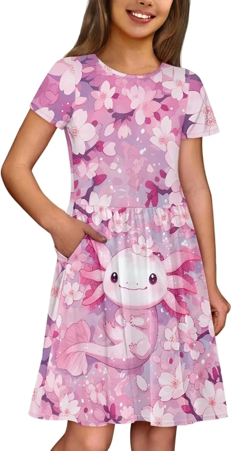Girls Dresses Size 2-14 Kids Summer Short Sleeve Beach Dresses Casual Midi Dress Crewneck A Line