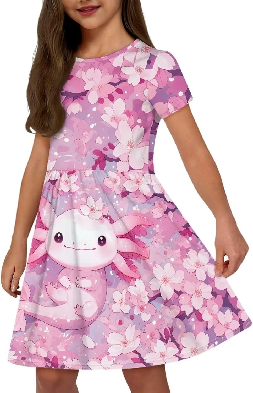 Girls Dresses Size 2-14 Kids Summer Short Sleeve Beach Dresses Casual Midi Dress Crewneck A Line