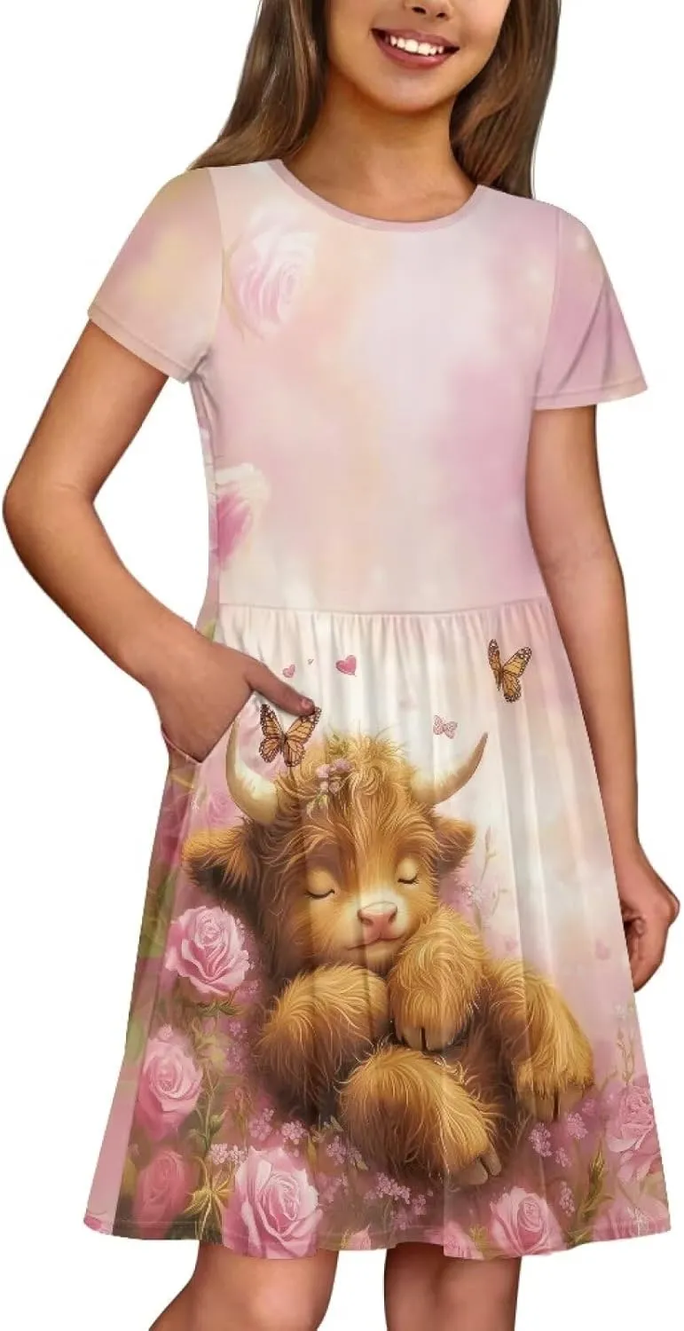 Girls Dresses Size 2-14 Kids Summer Short Sleeve Skater Dress Beach Midi Party Dresses