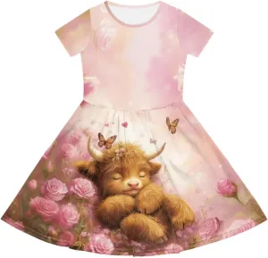 Girls Dresses Size 2-14 Kids Summer Short Sleeve Skater Dress Beach Midi Party Dresses