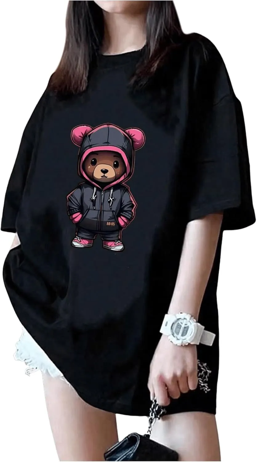 Girl's Drop Shoulder Letter Star Print Tee Tops Loose Short Sleeve Crew Neck T Shirts