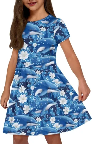 Girls Short Sleeve Dresses Casual Twirly Skater Dress with Pockets for 3-14 Years Old