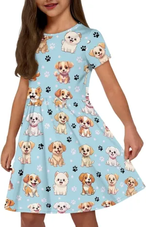 Girls Short Sleeve Dresses Casual Twirly Skater Dress with Pockets for 3-14 Years Old