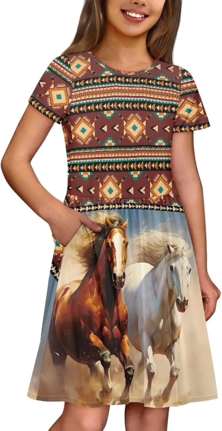 Girls Short Sleeve Dresses with Pockets Cute Dresses for Girls 3-16 Years Old