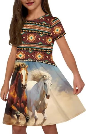 Girls Short Sleeve Dresses with Pockets Cute Dresses for Girls 3-16 Years Old