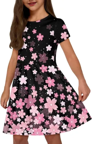 Girls Short Sleeve Dresses with Pockets Cute Dresses for Girls 3-16 Years Old