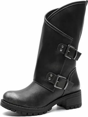 GLOBALWIN Women's The Twisted Rider Motorcycle Boots Mid-Calf Fashion Boots For Women Low Heel