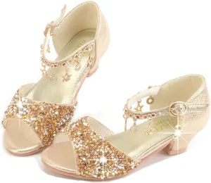 GOJERP Little Kids Girls Sandals Glitter Rhinestone Dress Pumps Sequins Princess Low Heels Party Dance Shoes (Golden, numeric_13)