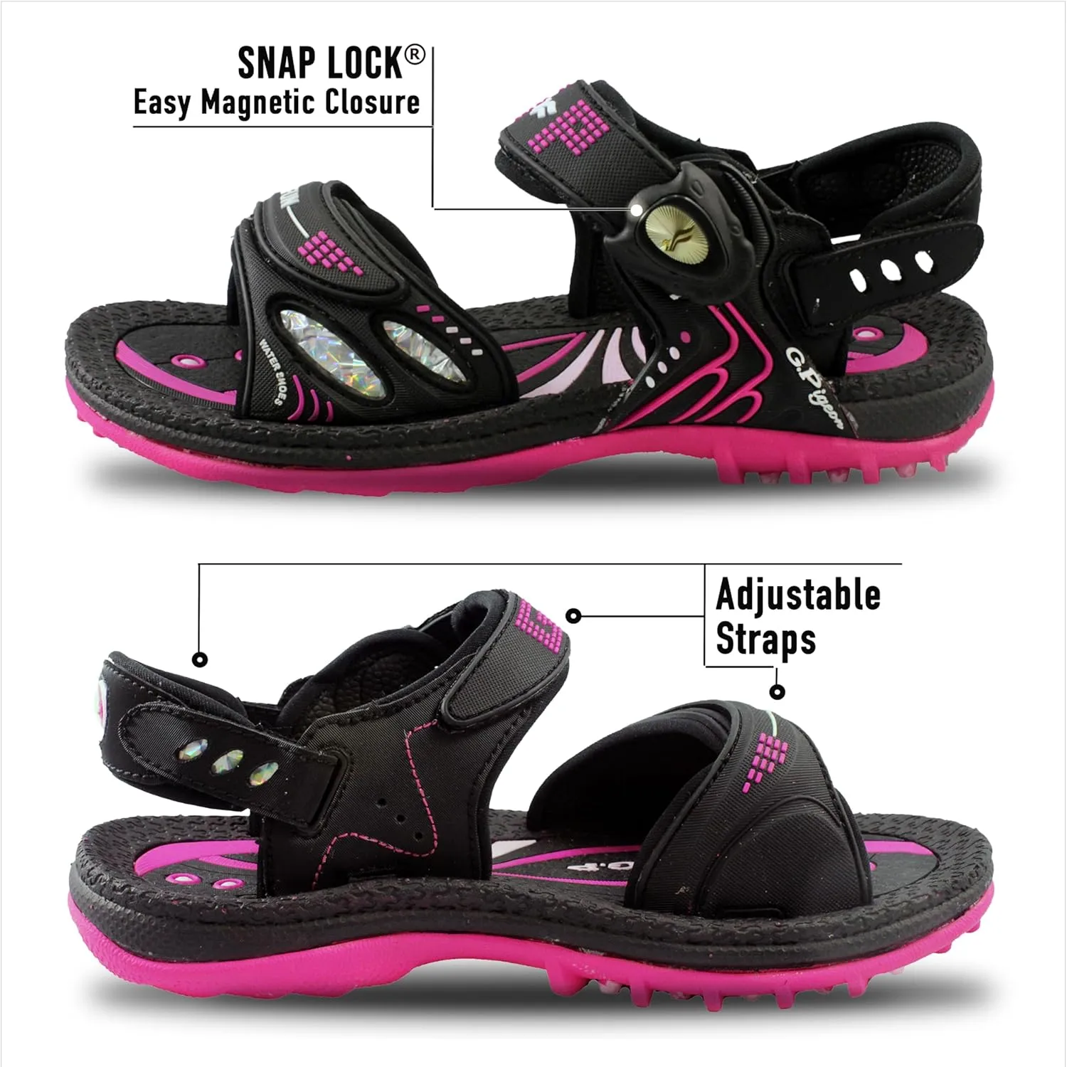 Gold Pigeon Shoes KIDS Easy Snap Lock Outdoor/Water Sandals & Slides. Adjustable Straps