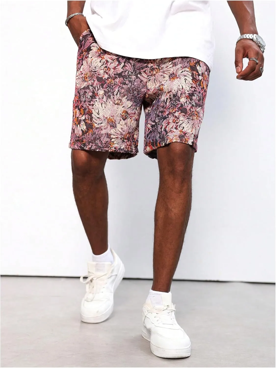 GORGLITTER Men's Floral Embroidery Drawstring Waist Shorts Straight Leg Slant Pocket Shorts