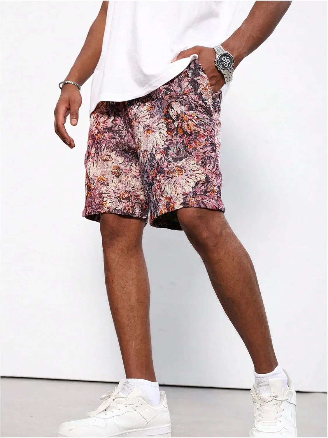 GORGLITTER Men's Floral Embroidery Drawstring Waist Shorts Straight Leg Slant Pocket Shorts