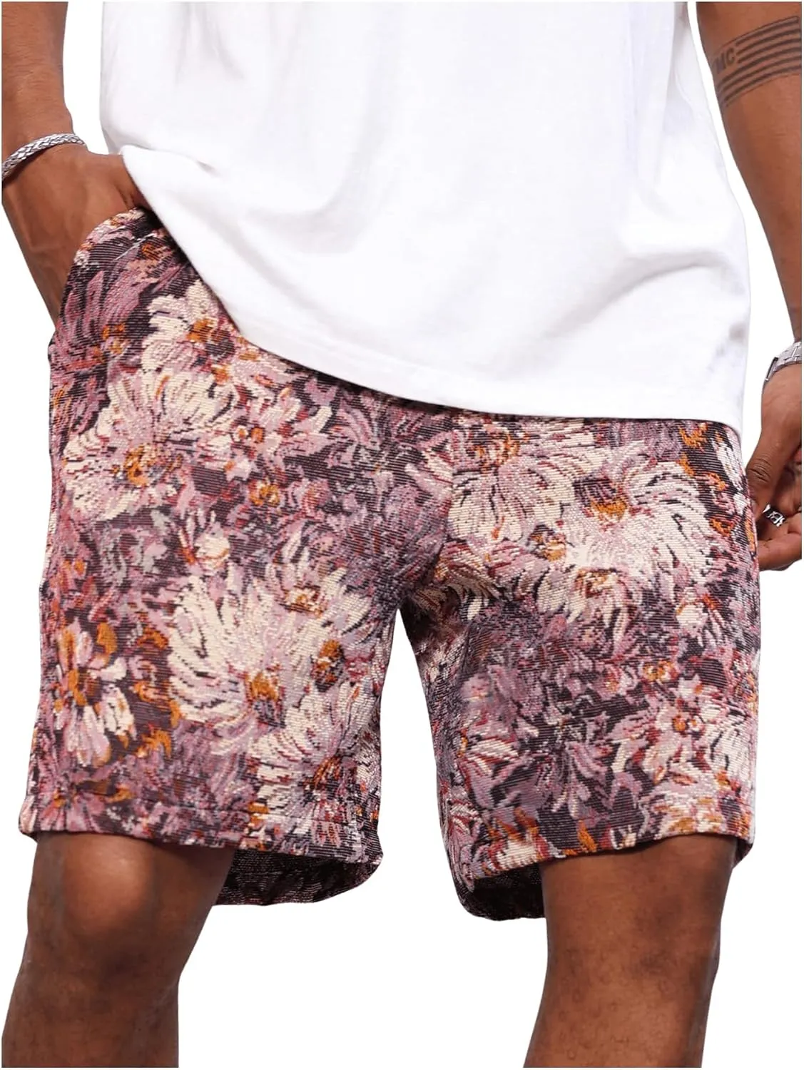 GORGLITTER Men's Floral Embroidery Drawstring Waist Shorts Straight Leg Slant Pocket Shorts
