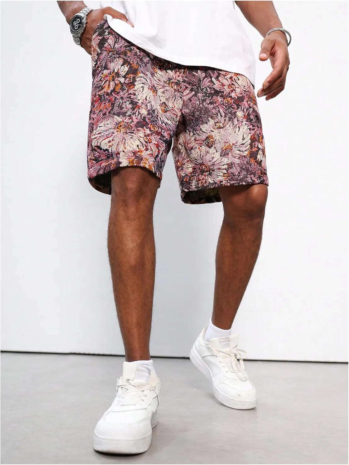 GORGLITTER Men's Floral Embroidery Drawstring Waist Shorts Straight Leg Slant Pocket Shorts