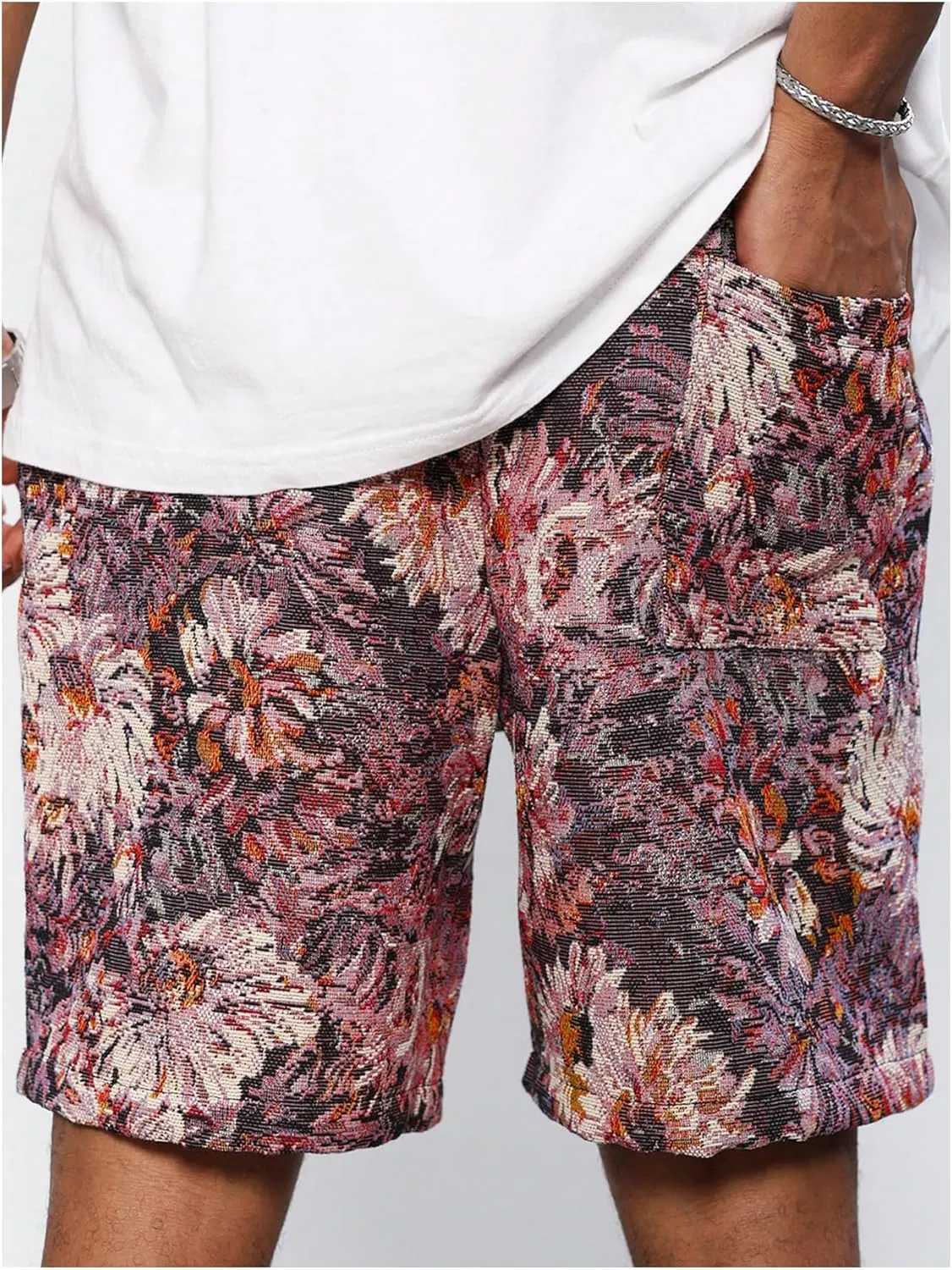 GORGLITTER Men's Floral Embroidery Drawstring Waist Shorts Straight Leg Slant Pocket Shorts