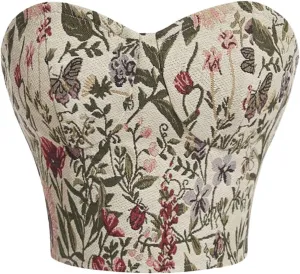 GORGLITTER Women's Floral Tube Top Croset Boho Lace Up Tie Back Sleeveless Strapless Bandeau Crop Top