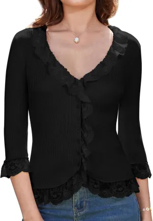 GRACE KARIN Lightweight Cardigan Sweaters for Women 2025 3/4 Sleeve Lace Button Open Front Bolero Shrug
