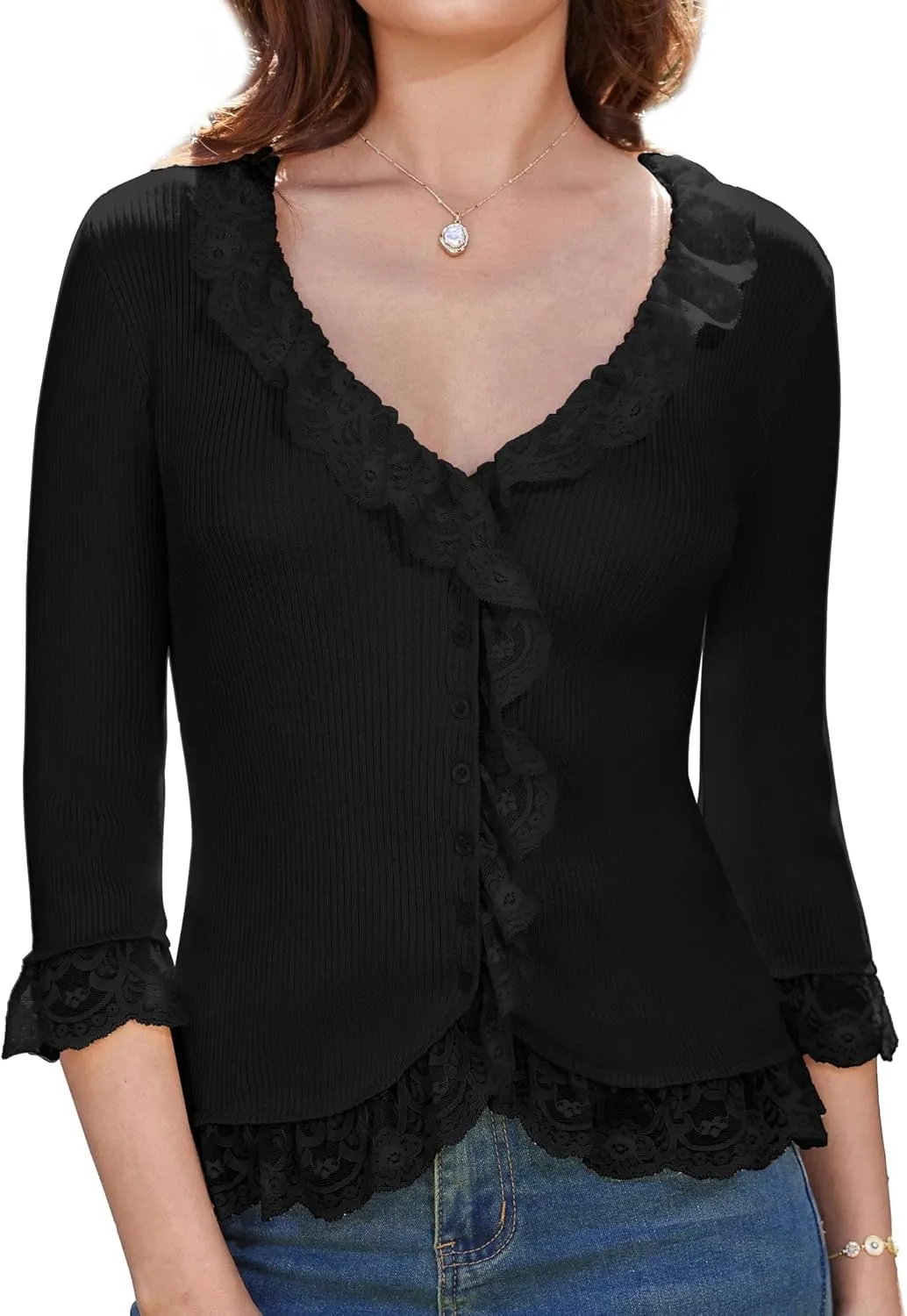 GRACE KARIN Lightweight Cardigan Sweaters for Women 2025 3/4 Sleeve Lace Button Open Front Bolero Shrug