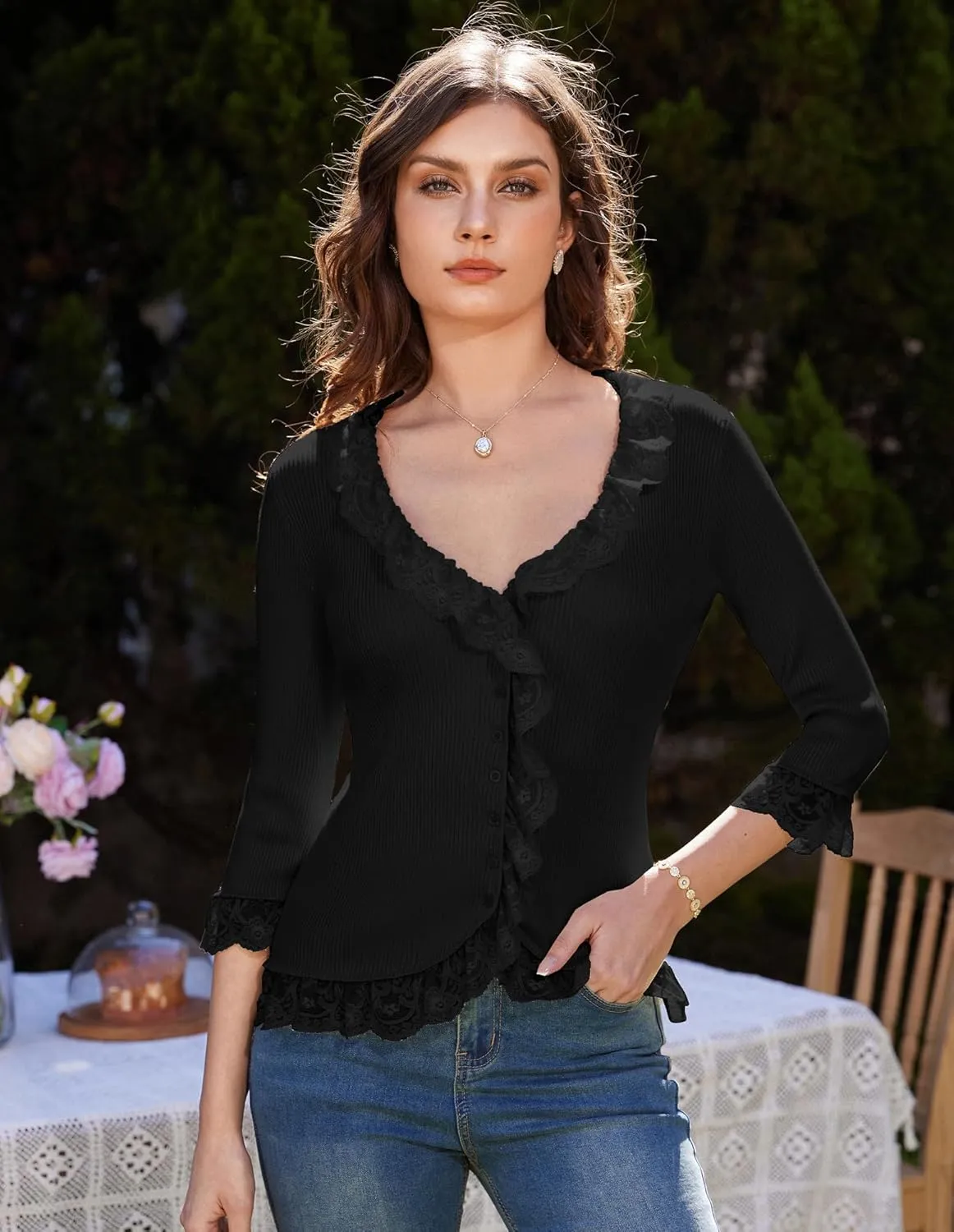 GRACE KARIN Lightweight Cardigan Sweaters for Women 2025 3/4 Sleeve Lace Button Open Front Bolero Shrug