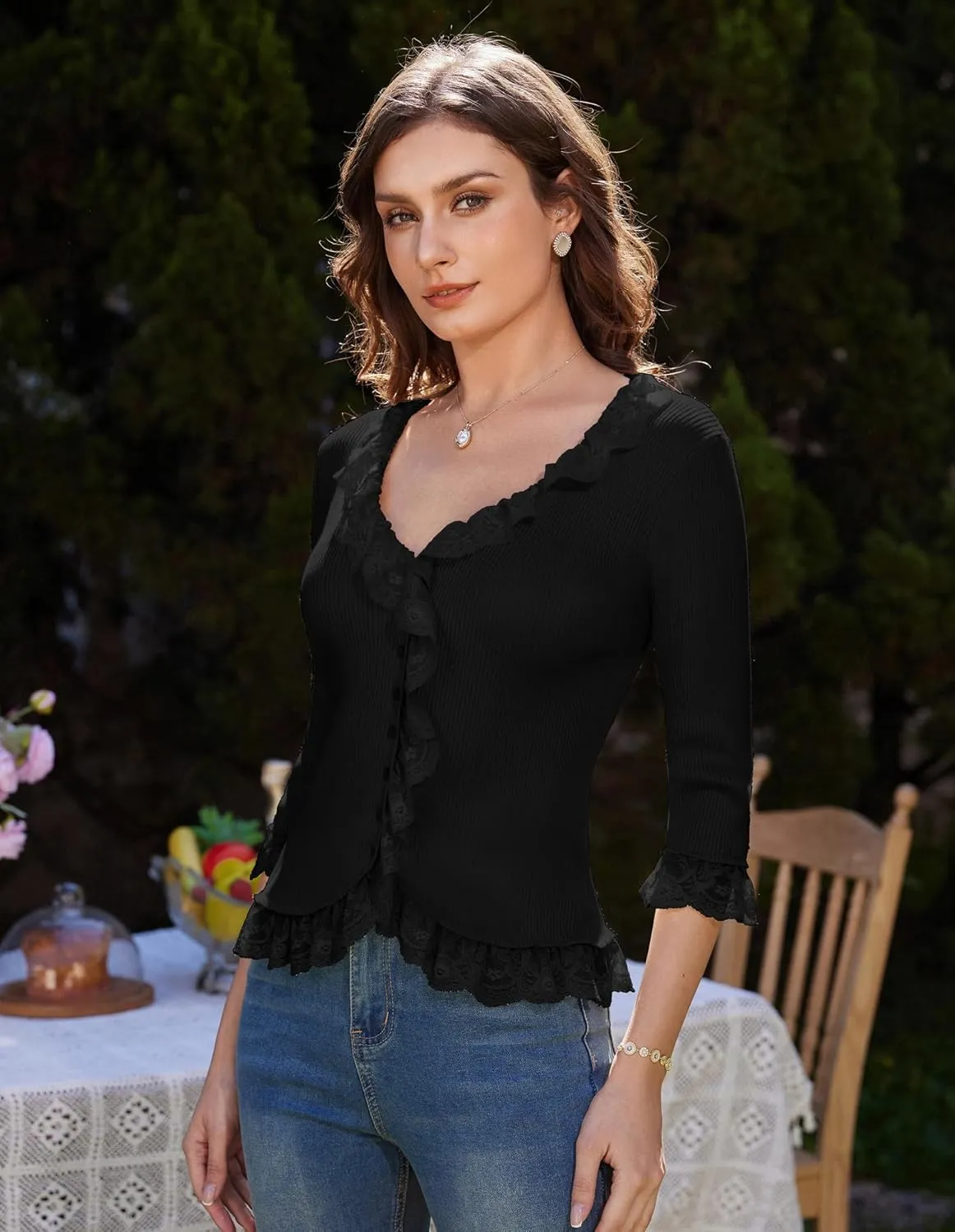 GRACE KARIN Lightweight Cardigan Sweaters for Women 2025 3/4 Sleeve Lace Button Open Front Bolero Shrug