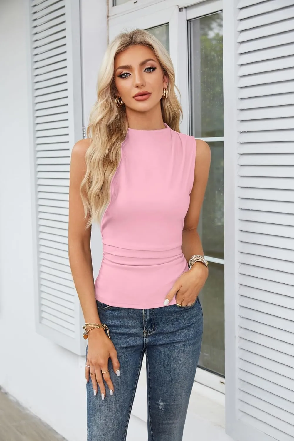 GRACE KARIN Women's Summer Tank Tops 2025 Mock Neck Sleeveless Ruched Slim Fitted Basic T Shirts Trendy Fashion Clothes