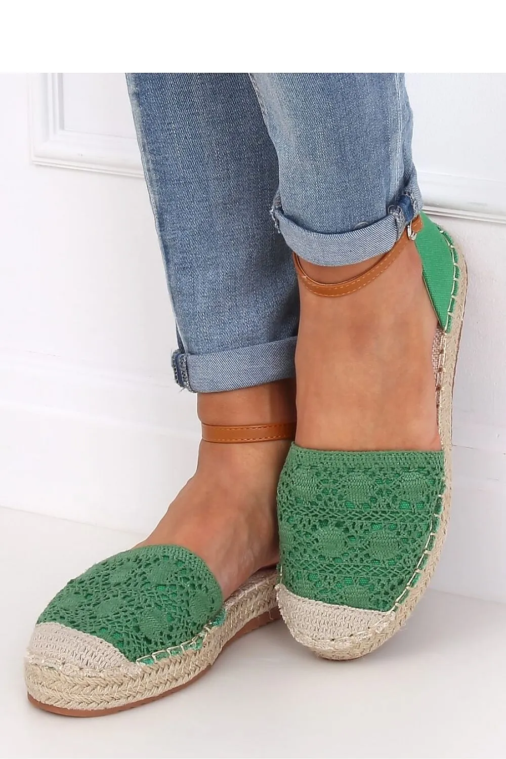 Green Crochet Lace Flatform Espadrilles with Ankle Strap and Jute Sole