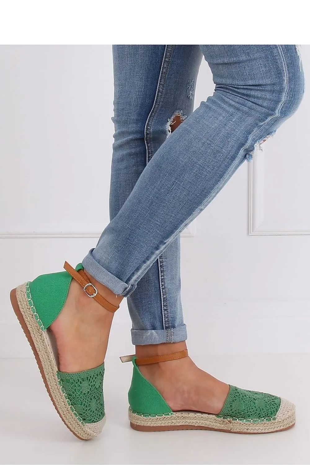 Green Crochet Lace Flatform Espadrilles with Ankle Strap and Jute Sole