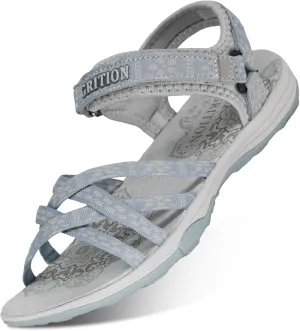 GRITION Women Hiking Sandals Outdoor Girl Sport Summer Flat Beach Water Shoes Open Toe Adjustable Walking Sandles (7.5 US, Light Blue)