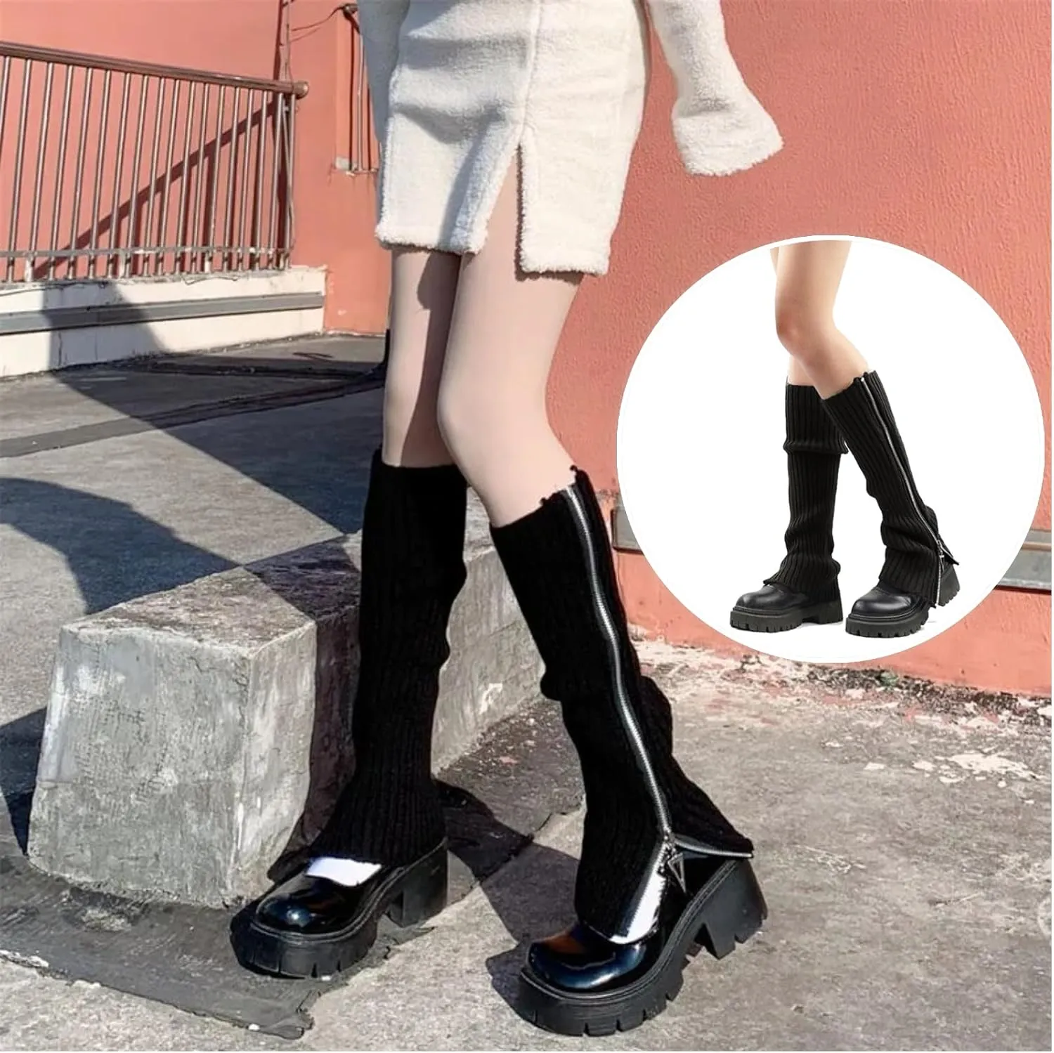 Grunge Leg Warmers Socks Fairy Grunge Cloth Socks High Knee Long Boot Knit Stack Zipper Socks for Women Girls Y2K