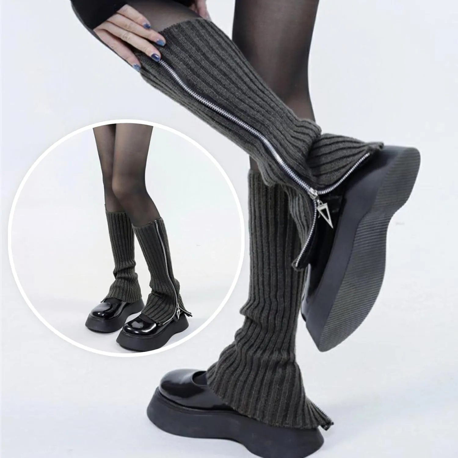 Grunge Leg Warmers Socks Fairy Grunge Cloth Socks High Knee Long Boot Knit Stack Zipper Socks for Women Girls Y2K