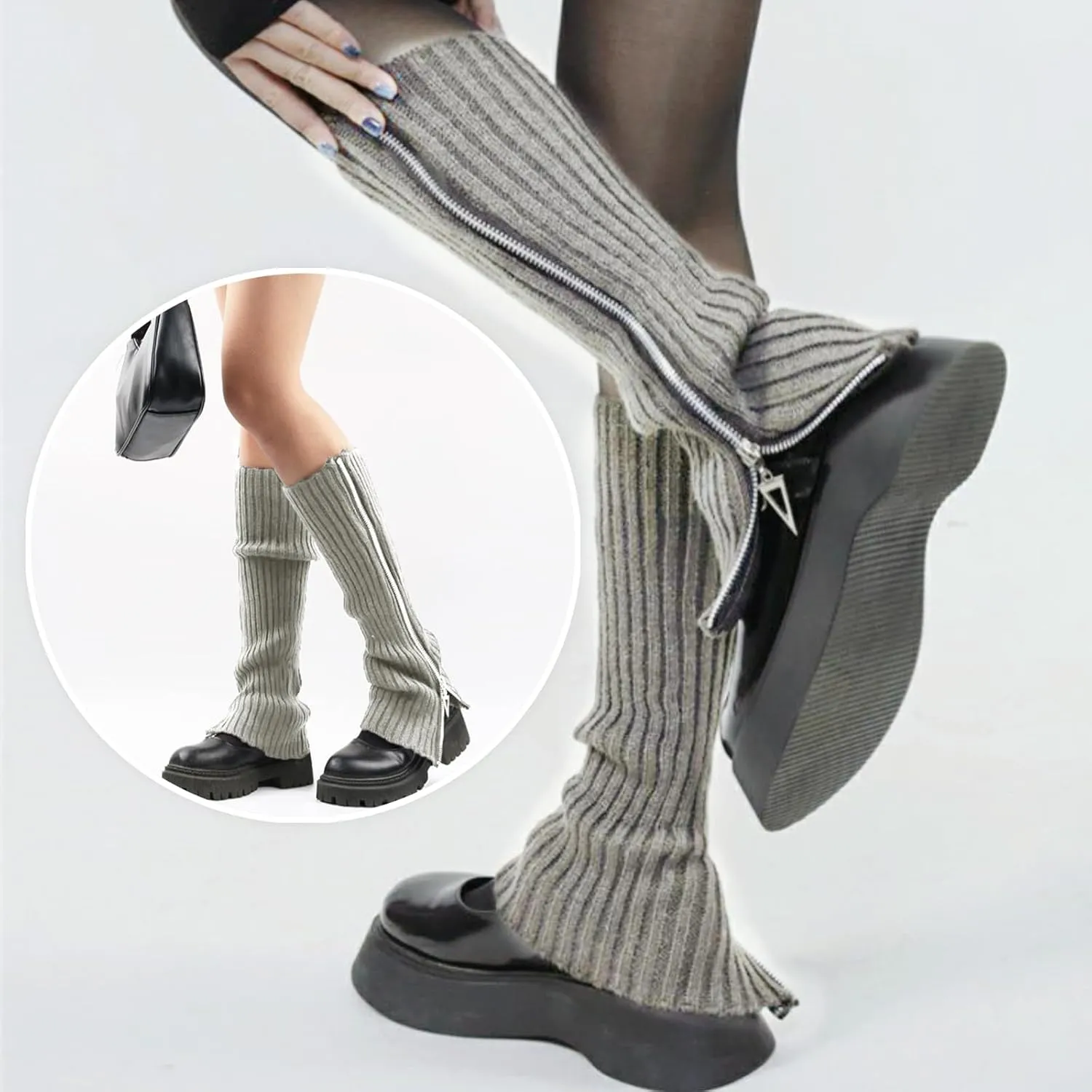 Grunge Leg Warmers Socks Fairy Grunge Cloth Socks High Knee Long Boot Knit Stack Zipper Socks for Women Girls Y2K