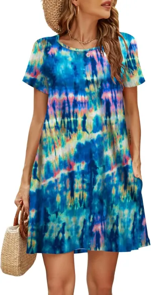 Halife Womens Summer Casual Tshirt Dress Loose Lace Hem Short Sleeve Beach Sundresses with Pockets