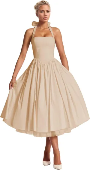 Halter Satin Prom Dress with Pockets Aline Midi Formal Wedding Guest Dresses Drop Waist Flowy Ball Gowns