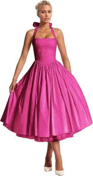 Halter Satin Prom Dress with Pockets Aline Midi Formal Wedding Guest Dresses Drop Waist Flowy Ball Gowns