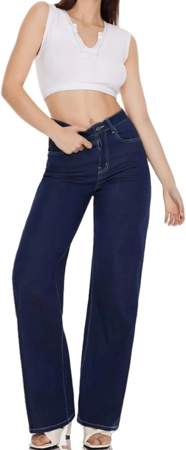 High Waist Stretchy Wide Leg Jeans for Women Basic Straight Denim Pants Raw Hem Underwear Trouser