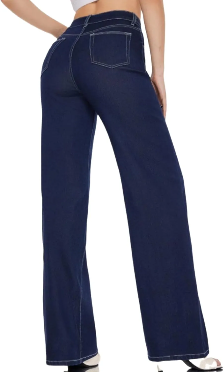 High Waist Stretchy Wide Leg Jeans for Women Basic Straight Denim Pants Raw Hem Underwear Trouser