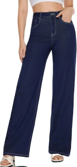 High Waist Stretchy Wide Leg Jeans for Women Basic Straight Denim Pants Raw Hem Underwear Trouser