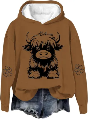 Highland Cow Hoodies for Women Western Cow Print Hooded Sweatshirts Country Cowgirl Graphic Hoodie Pullover Tops