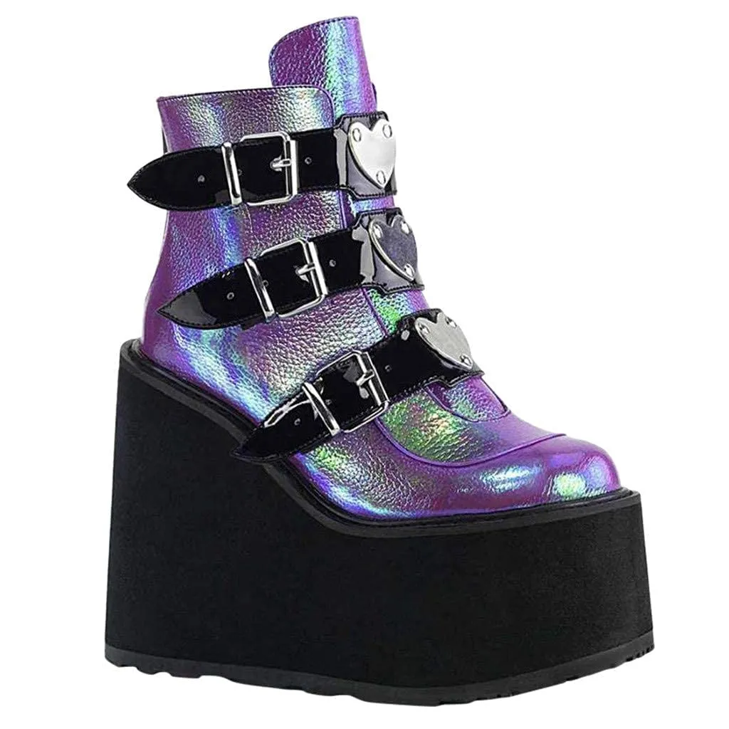 HINDOLA Holographic Platform Fashion Multicolor Wedge Ankle Booties Women Round Toe Lace up Zip High Heel Combat Boots