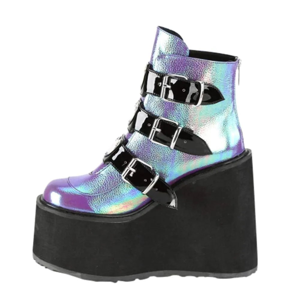 HINDOLA Holographic Platform Fashion Multicolor Wedge Ankle Booties Women Round Toe Lace up Zip High Heel Combat Boots