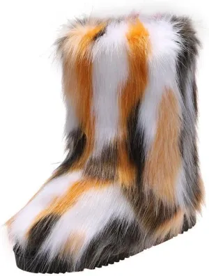 HINDOLA Womens Faux Fur Boots Snow Warm Fashion Fluffy Short Boots Comfortable Winter Ankle Booties Anti Slip Outdoor Indoor Flat Shoes Mid-Calf Boots