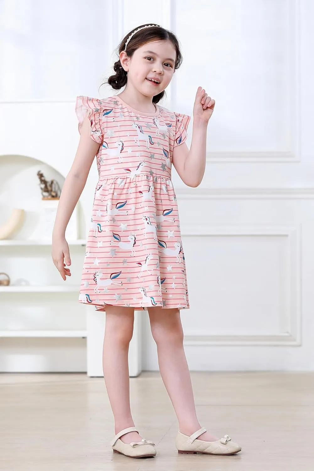 Hongshilian Toddler Girls Casual Cotton Dress Cartoon Appliques Short Sleeve Summer Playwear Dresses