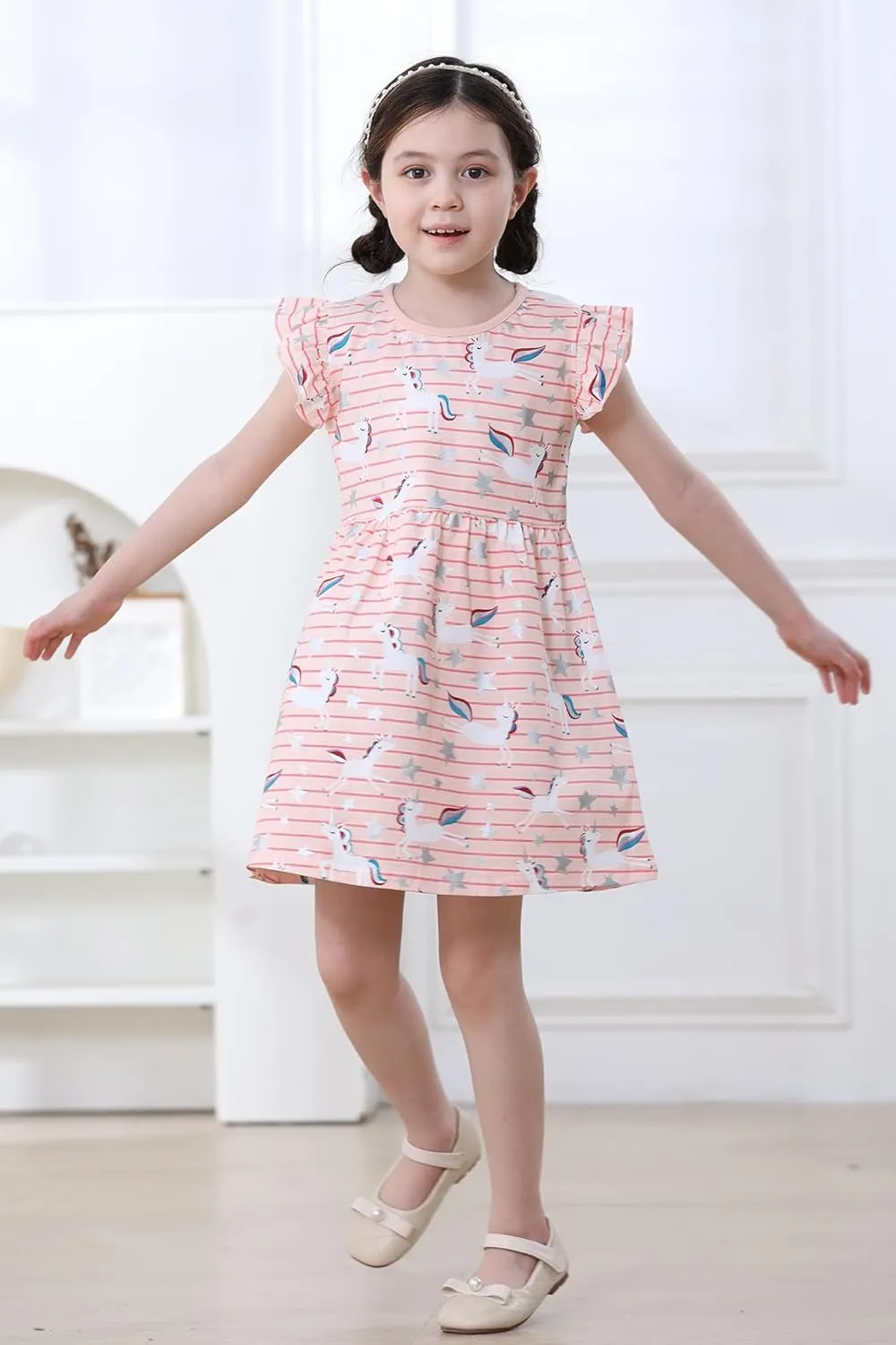 Hongshilian Toddler Girls Casual Cotton Dress Cartoon Appliques Short Sleeve Summer Playwear Dresses