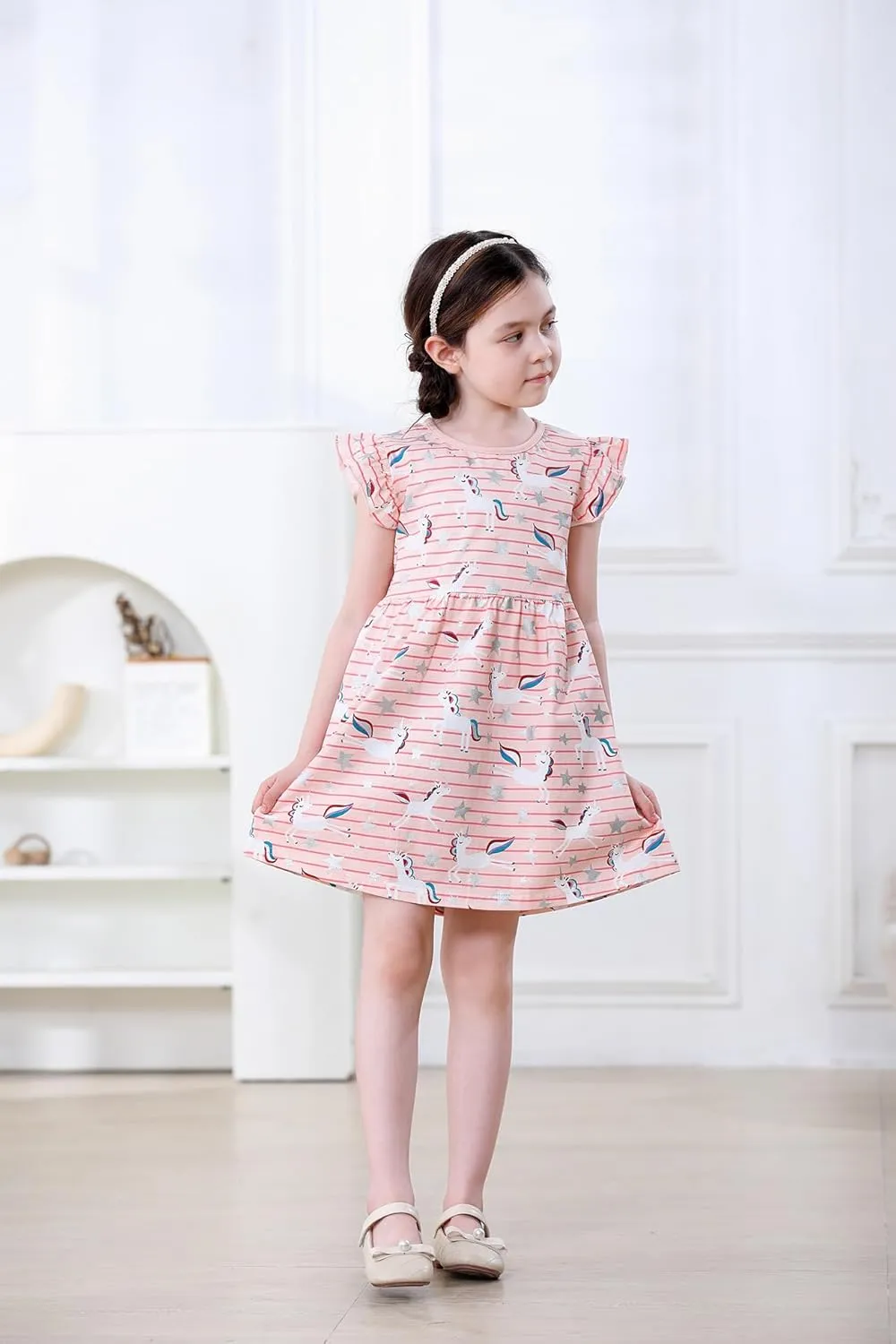 Hongshilian Toddler Girls Casual Cotton Dress Cartoon Appliques Short Sleeve Summer Playwear Dresses